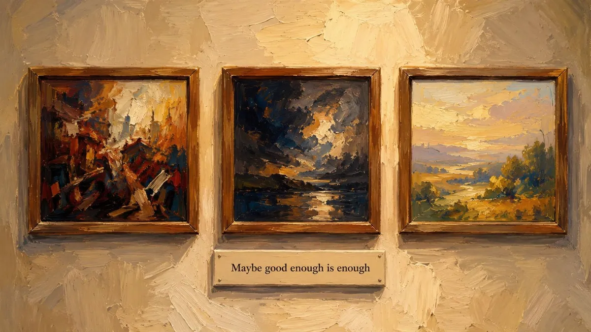 Three oil paintings hanging on a textured wall above a plaque with the text Maybe good enough is enough.
