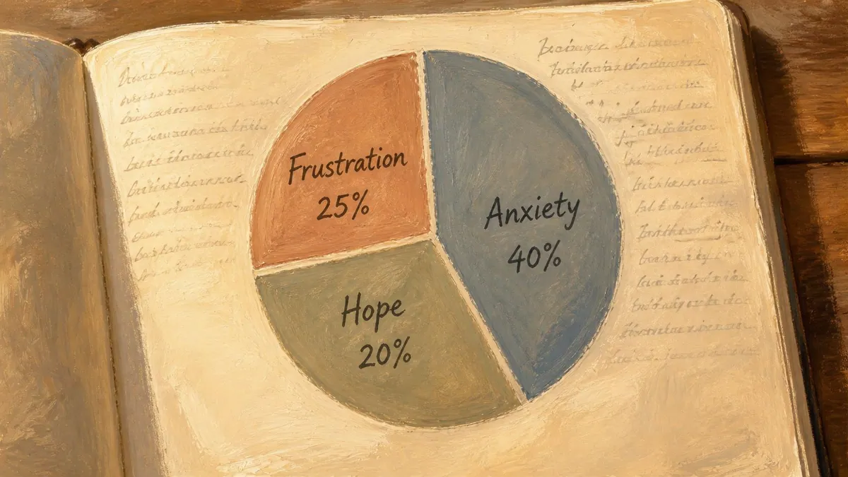 A hand-painted illustration of a pie chart showing percentages for frustration, anxiety, and hope in a book.