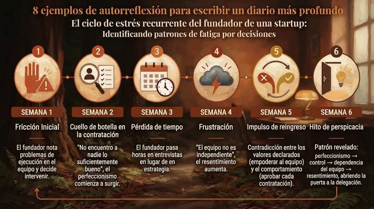Infografía titulada El ciclo de estrés recurrente de quien funda una startup, que ilustra un ciclo de seis semanas de fatiga por decisiones y crecimiento.