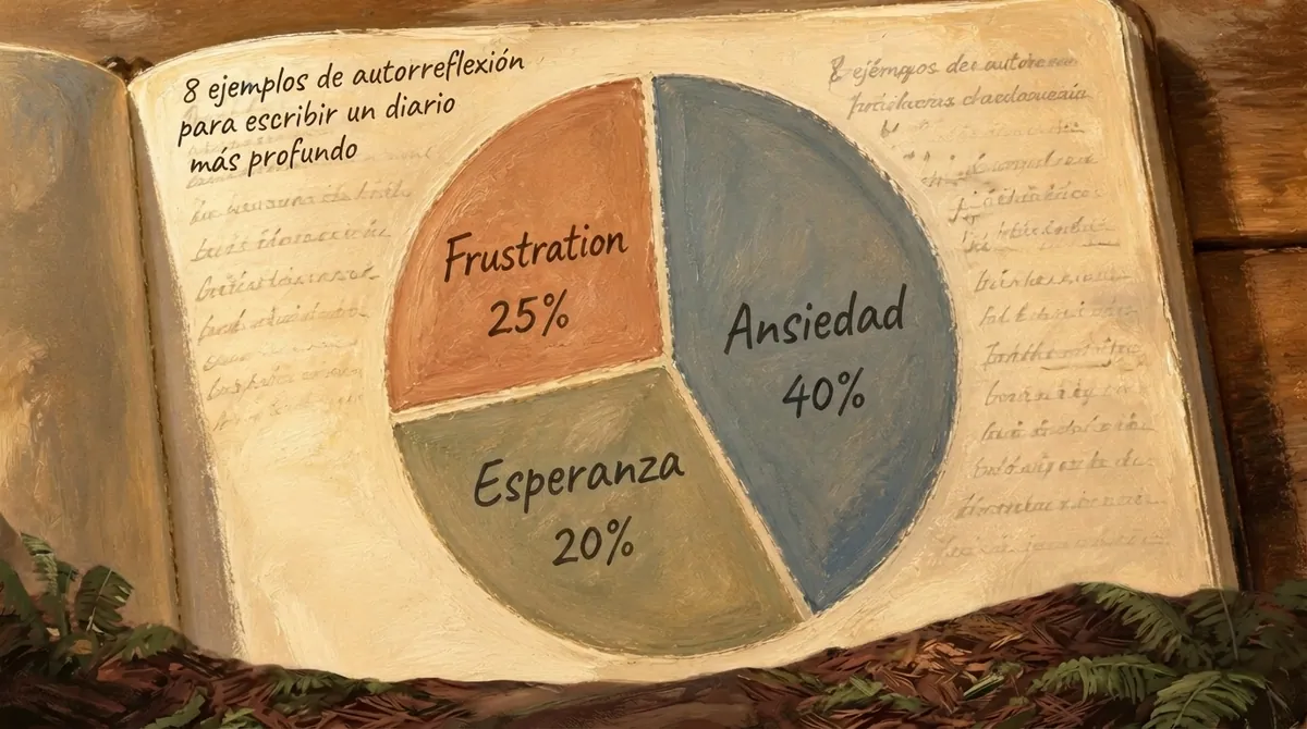 Ilustración pintada a mano de un gráfico circular con porcentajes de frustración, ansiedad y esperanza dentro de un libro.