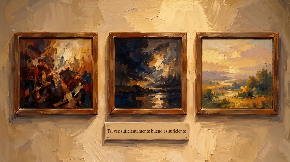 Tres pinturas al óleo colgadas en una pared texturizada, encima de una placa con el texto Tal vez suficientemente bueno es suficiente.
