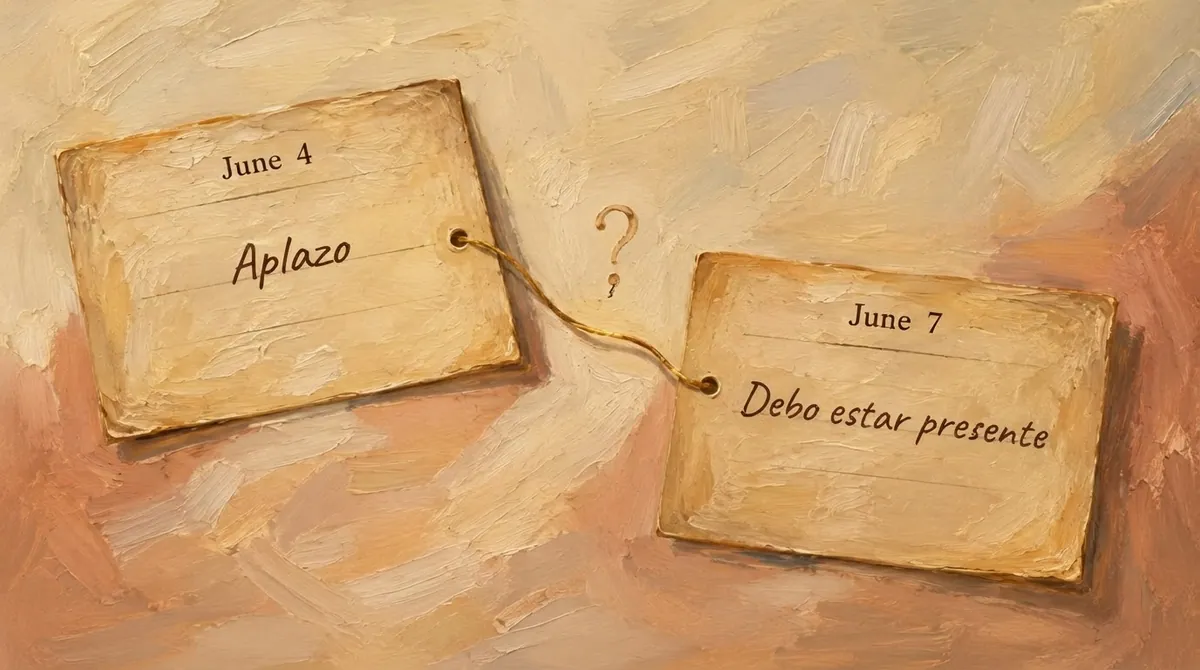Una pintura conceptual con dos etiquetas de papel, fechadas el 4 de junio y el 7 de junio, con texto escrito a mano.