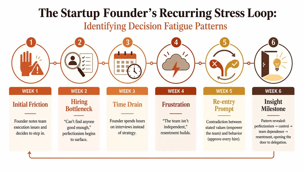 An infographic titled The Startup Founder's Recurring Stress Loop, illustrating a six-week cycle of decision fatigue and growth.