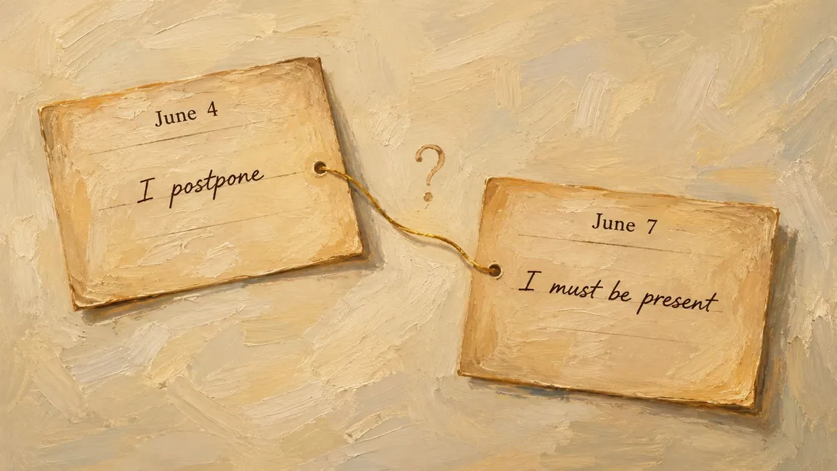 A conceptual painting showing two paper tags with the dates June 4 and June 7 with handwritten text.