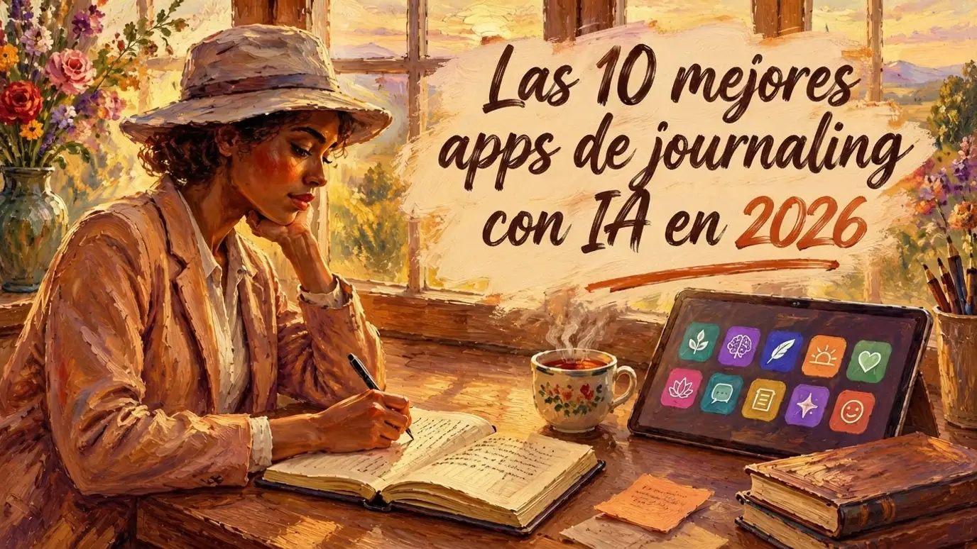 Ilustración en rotoscopia pictórica creada para el artículo Las 10 mejores apps de journaling con IA en 2026