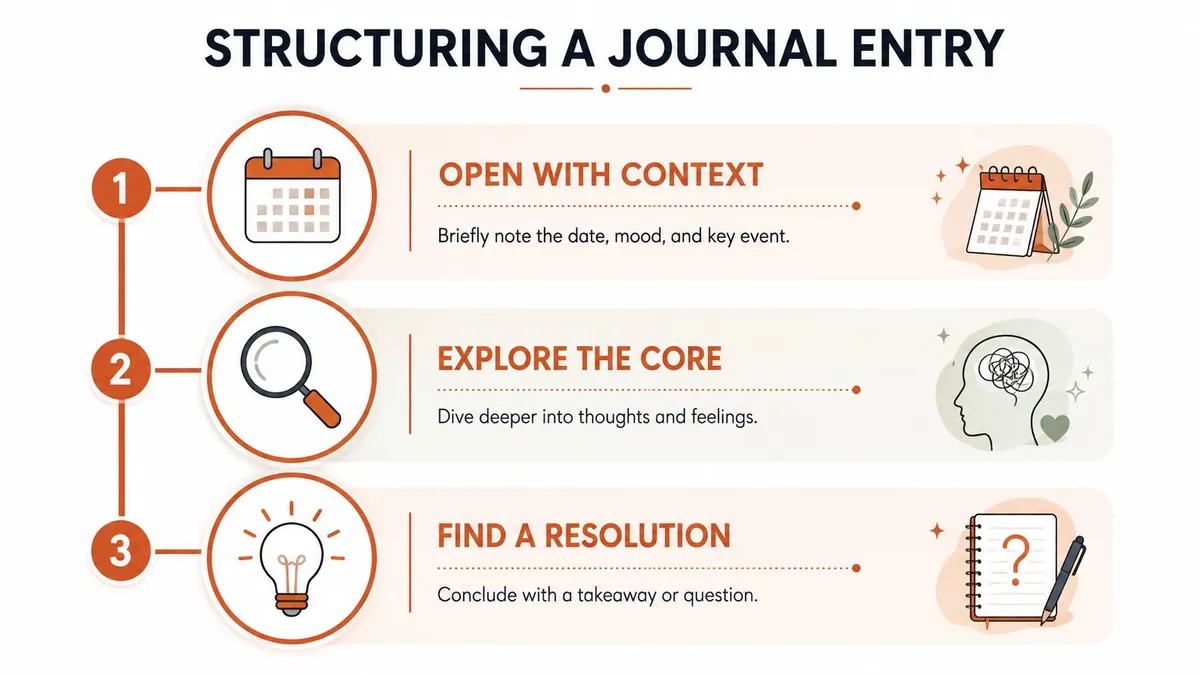 An infographic titled Structuring a Journal Entry showing three numbered steps with icons and explanatory text.