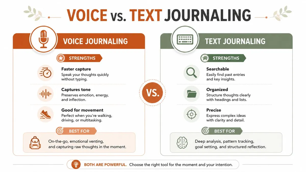 A comparison infographic between voice and text journaling highlighting the unique strengths and best use cases.