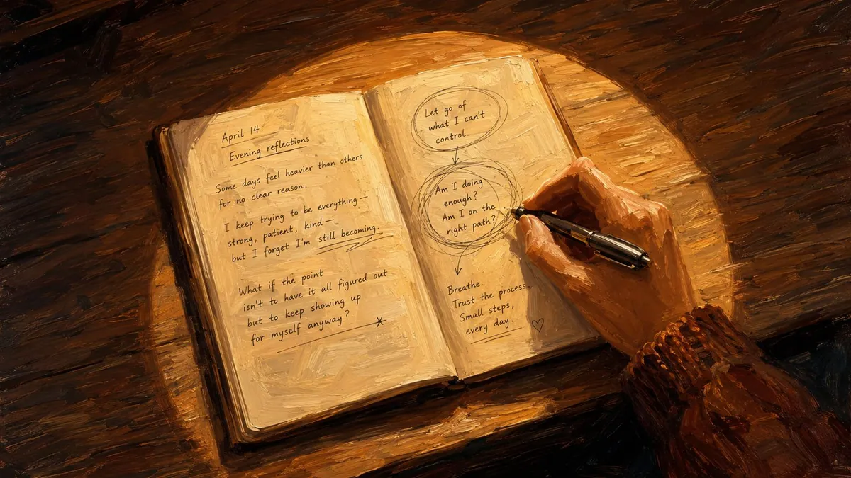 A hand writes thoughtful reflections in a journal on a wooden table under warm, focused lighting.