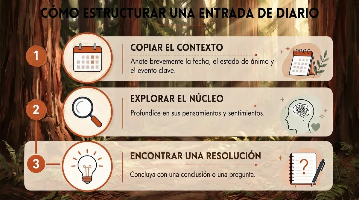 Infografía titulada «Cómo estructurar una entrada de diario», con tres pasos numerados, íconos y texto explicativo.