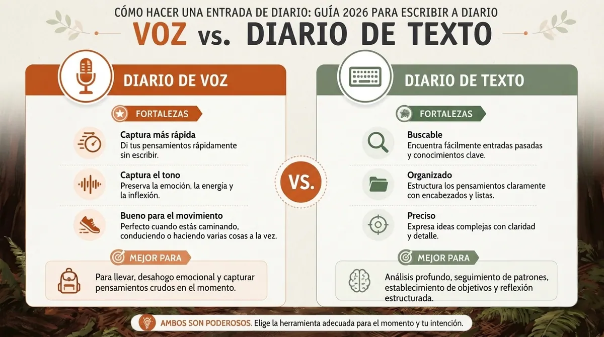 Infografía que compara el diario hablado con el diario escrito y muestra las fortalezas de cada uno y sus mejores usos.