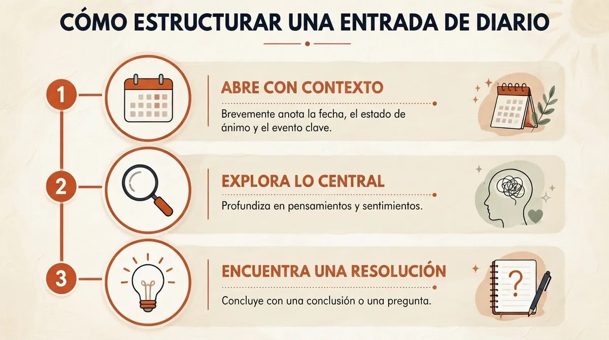 Infografía titulada Cómo estructurar una entrada de diario, con tres pasos numerados, íconos y texto explicativo.