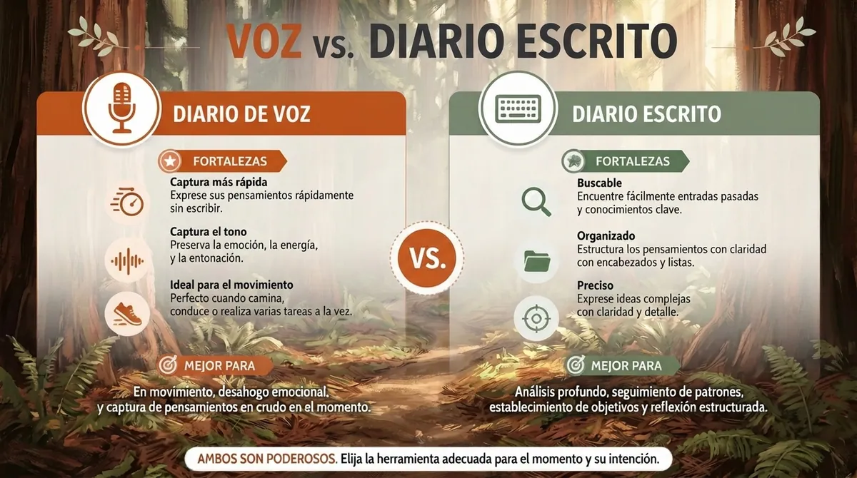 Infografía que compara el diario de voz con el diario escrito y muestra las fortalezas de cada uno y sus mejores usos.