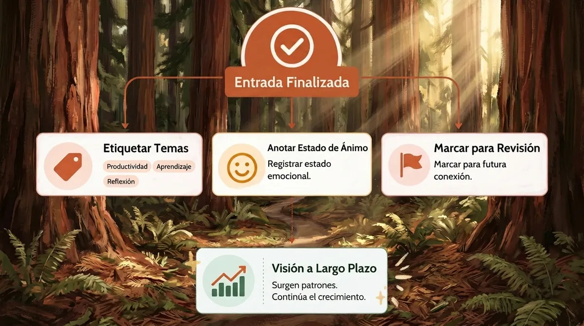 Diagrama que ilustra el flujo de una entrada de diario cerrada que lleva a hallazgos de crecimiento personal a largo plazo.