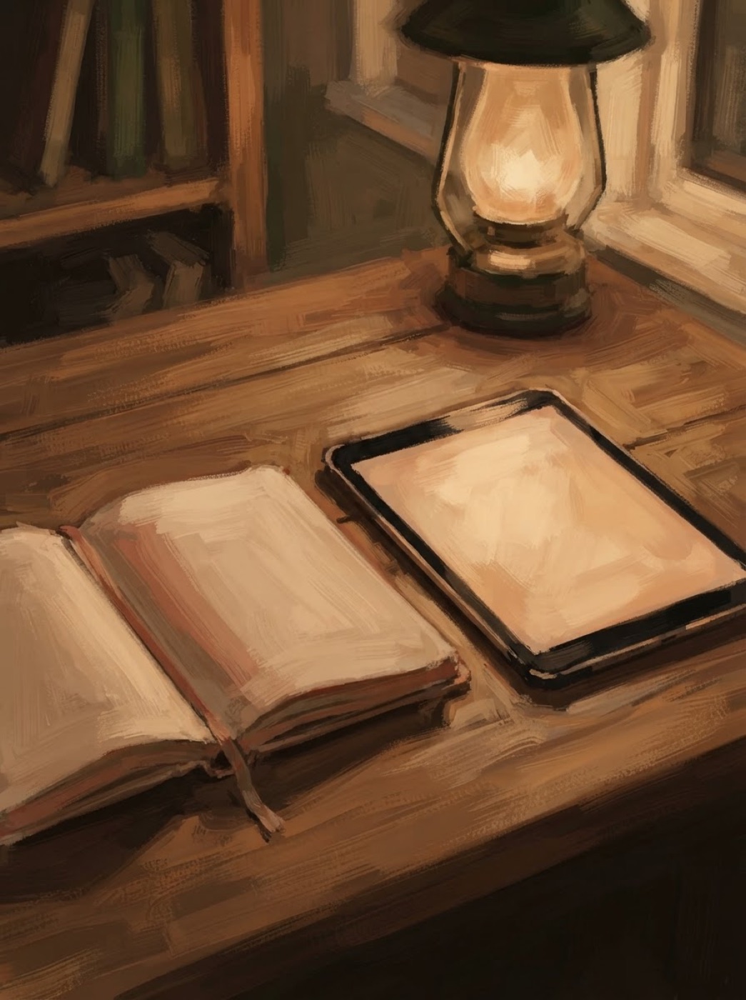 Cuaderno manuscrito y tableta conviviendo sobre un escritorio de madera bajo una lampara