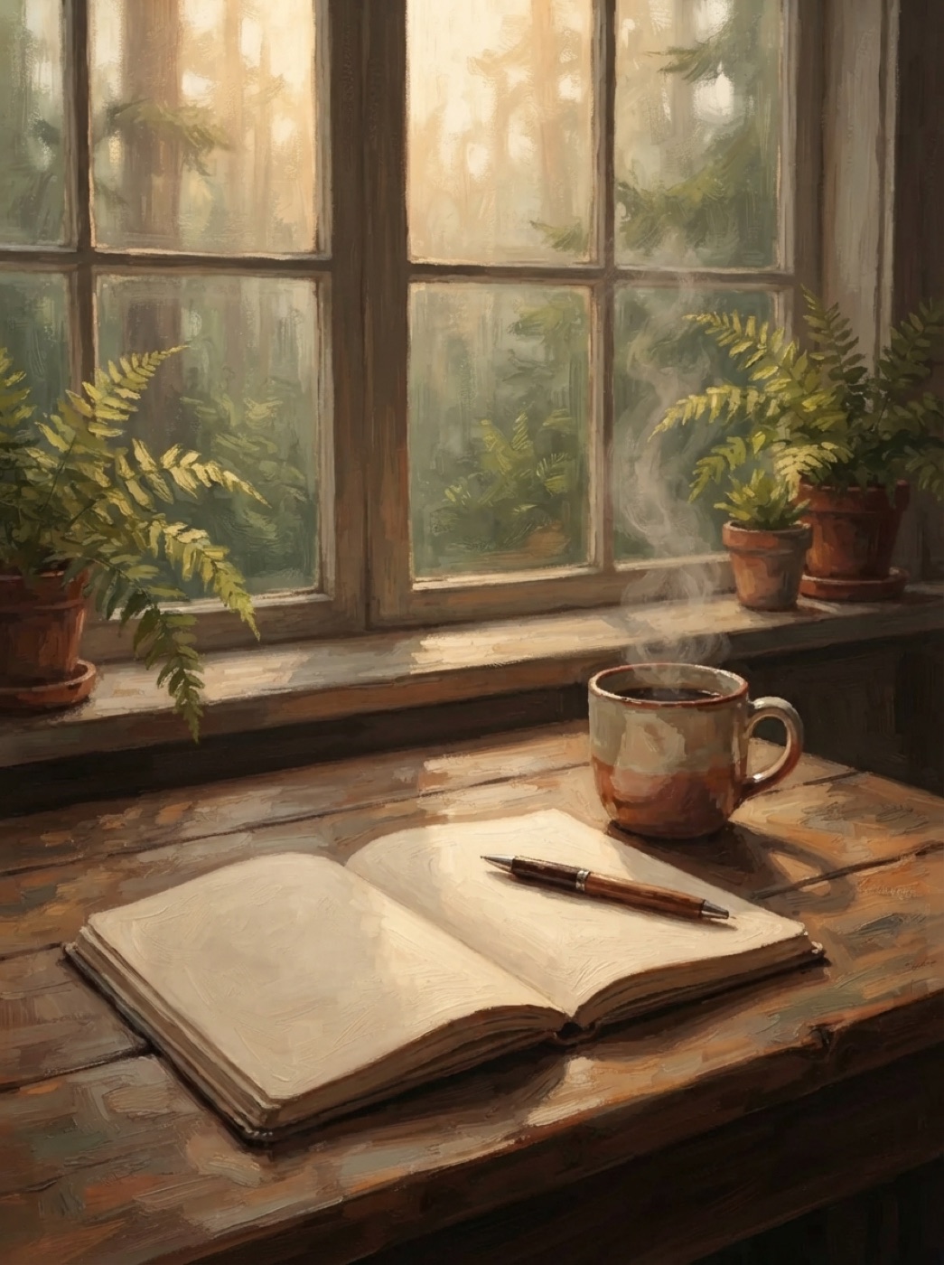 Cuaderno en blanco con pluma y cafe humeante junto a una ventana al bosque